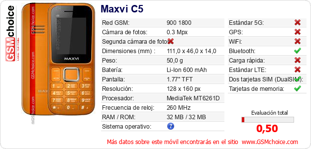 Maxvi C5 Datos técnicos del móvil Maxvi C5 Datos técnicos del móvil