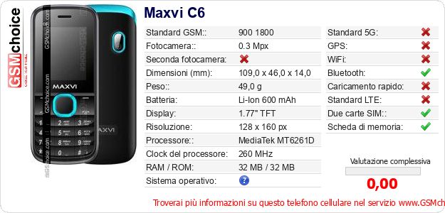 Maxvi C6 Dati tecnici di telefono cellulare Maxvi C6 Dati tecnici di telefono cellulare
