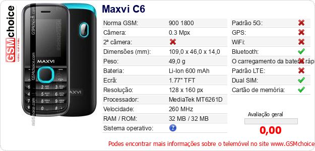 Maxvi C6 Especificações técnicas do telemóvel 