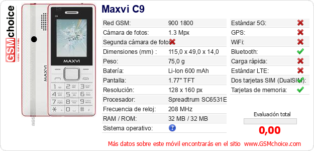 Maxvi C9 Datos técnicos del móvil Maxvi C9 Datos técnicos del móvil