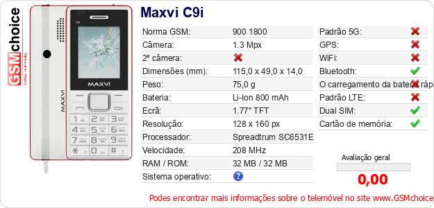 Maxvi C9i Especificações técnicas do telemóvel Maxvi C9i Especificações técnicas do telemóvel