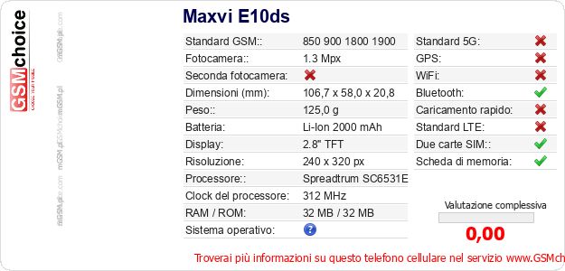 Maxvi E10ds Dati tecnici di telefono cellulare Maxvi E10ds Dati tecnici di telefono cellulare