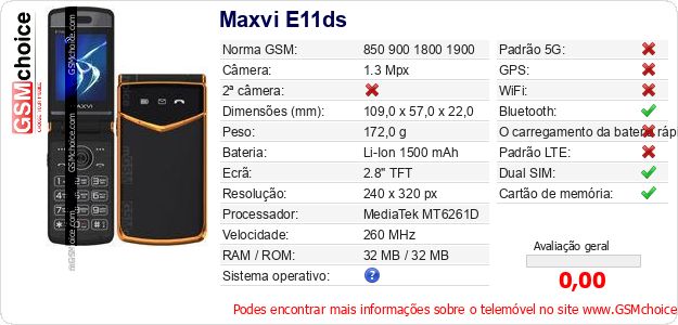 Maxvi E11ds Especificações técnicas do telemóvel Maxvi E11ds Especificações técnicas do telemóvel