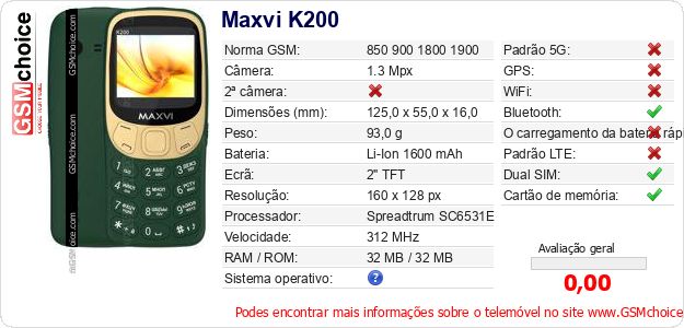 Maxvi K200 Especificações técnicas do telemóvel Maxvi K200 Especificações técnicas do telemóvel