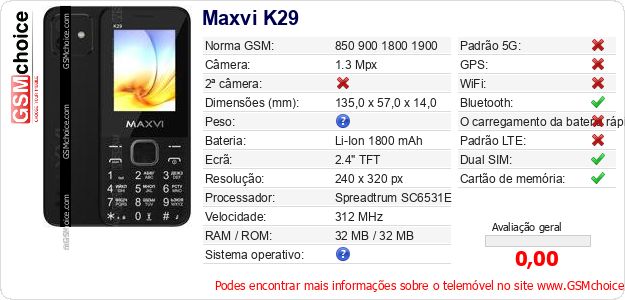 Maxvi K29 Especificações técnicas do telemóvel 