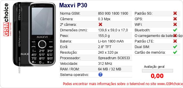 Maxvi P30 Especificações técnicas do telemóvel Maxvi P30 Especificações técnicas do telemóvel