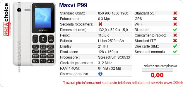 Maxvi P99 Dati tecnici di telefono cellulare Maxvi P99 Dati tecnici di telefono cellulare