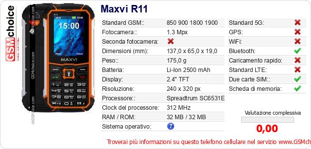 Maxvi R11 Dati tecnici di telefono cellulare Maxvi R11 Dati tecnici di telefono cellulare