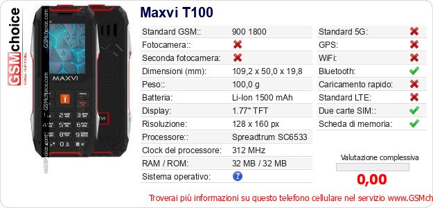 Maxvi T100 Dati tecnici di telefono cellulare Maxvi T100 Dati tecnici di telefono cellulare