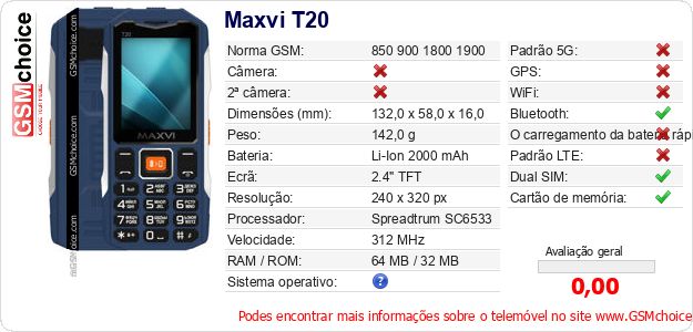 Maxvi T20 Especificações técnicas do telemóvel Maxvi T20 Especificações técnicas do telemóvel