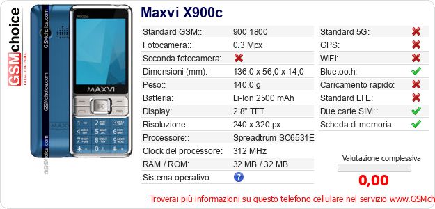 Maxvi X900c Dati tecnici di telefono cellulare Maxvi X900c Dati tecnici di telefono cellulare