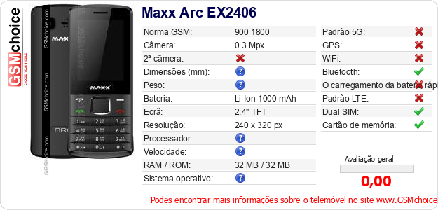 Maxx Arc EX2406 Especificações técnicas do telemóvel  Maxx Arc EX2406 Especificações técnicas do telemóvel