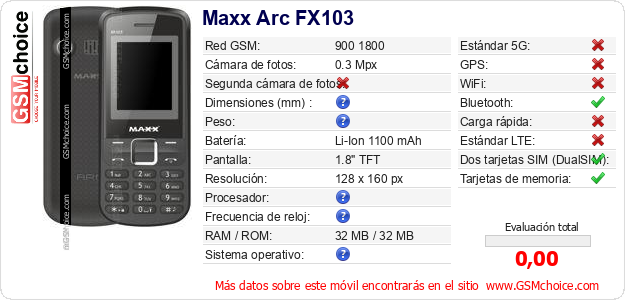 Maxx Arc FX103 Datos técnicos del móvil 