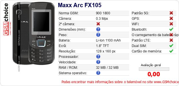 Maxx Arc FX105 Especificações técnicas do telemóvel Maxx Arc FX105 Especificações técnicas do telemóvel