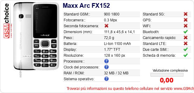 Maxx Arc FX152 Dati tecnici di telefono cellulare 