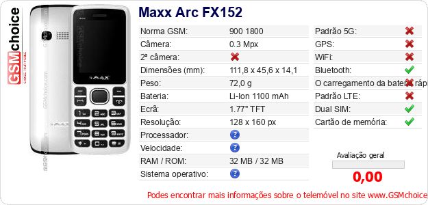 Maxx Arc FX152 Especificações técnicas do telemóvel Maxx Arc FX152 Especificações técnicas do telemóvel