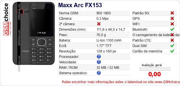 Maxx Arc FX153 Especificações técnicas do telemóvel 