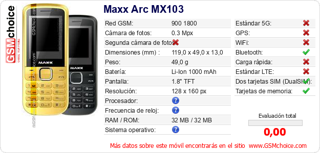 Maxx Arc MX103 Datos técnicos del móvil 