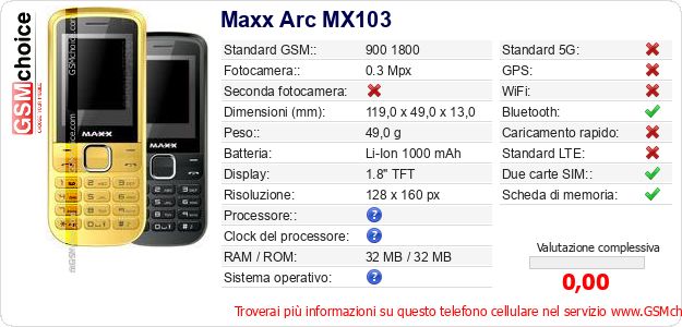 Maxx Arc MX103 Dati tecnici di telefono cellulare Maxx Arc MX103 Dati tecnici di telefono cellulare
