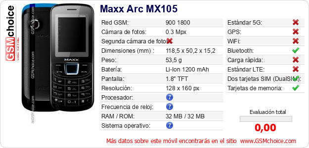 Maxx Arc MX105 Datos técnicos del móvil 