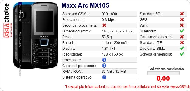 Maxx Arc MX105 Dati tecnici di telefono cellulare Maxx Arc MX105 Dati tecnici di telefono cellulare