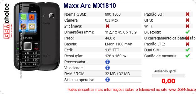 Maxx Arc MX1810 Especificações técnicas do telemóvel Maxx Arc MX1810 Especificações técnicas do telemóvel