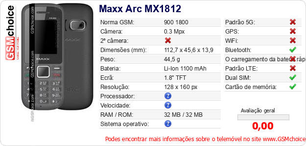 Maxx Arc MX1812 Especificações técnicas do telemóvel Maxx Arc MX1812 Especificações técnicas do telemóvel