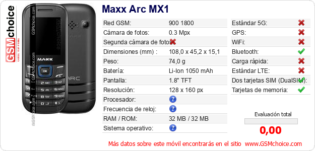 Maxx Arc MX1 Datos técnicos del móvil 