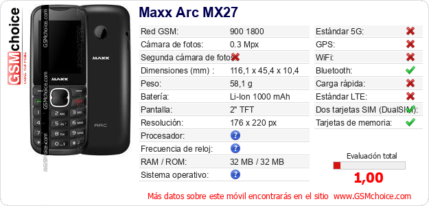 Maxx Arc MX27 Datos técnicos del móvil 