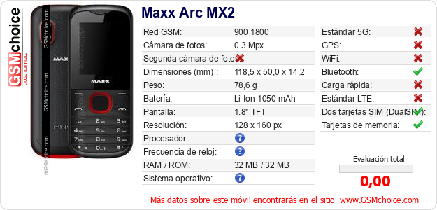 Maxx Arc MX2 Datos técnicos del móvil 