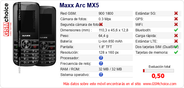 Maxx Arc MX5 Datos técnicos del móvil 