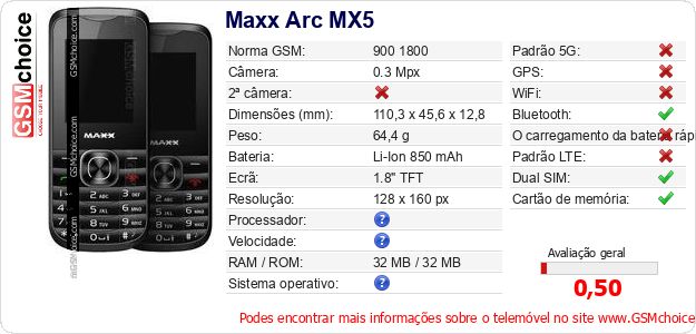 Maxx Arc MX5 Especificações técnicas do telemóvel 