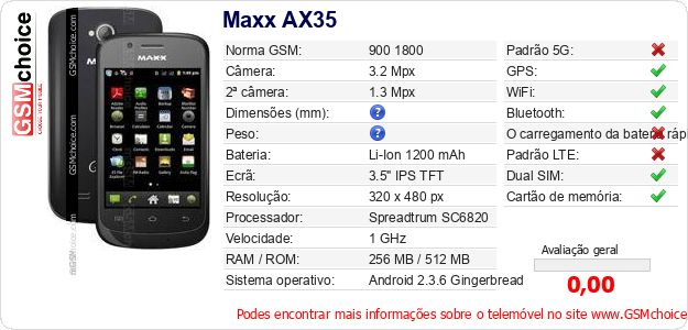 Maxx AX35 Especificações técnicas do telemóvel Maxx AX35 Especificações técnicas do telemóvel