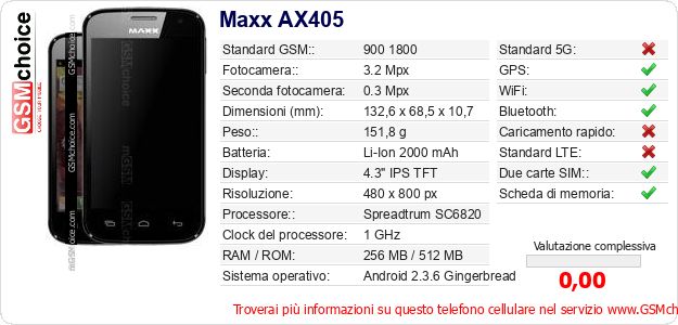 Maxx AX405 Dati tecnici di telefono cellulare 
