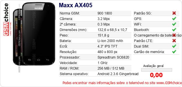 Maxx AX405 Especificações técnicas do telemóvel Maxx AX405 Especificações técnicas do telemóvel