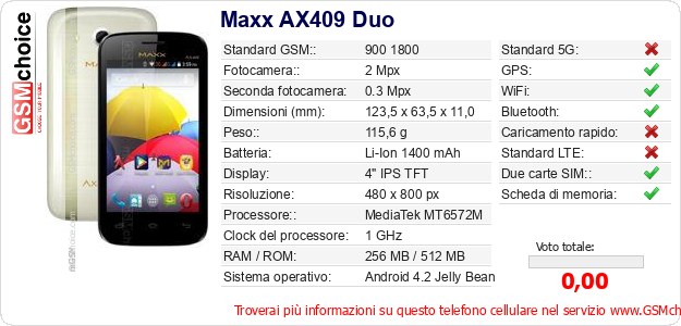 Maxx AX409 Duo Dati tecnici di telefono cellulare 