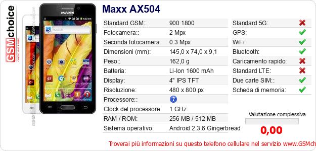 Maxx AX504 Dati tecnici di telefono cellulare 