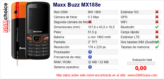 Maxx Buzz MX188e Datos técnicos del móvil 