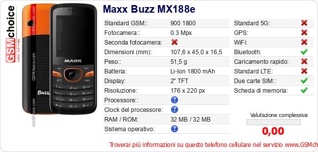 Maxx Buzz MX188e Dati tecnici di telefono cellulare 