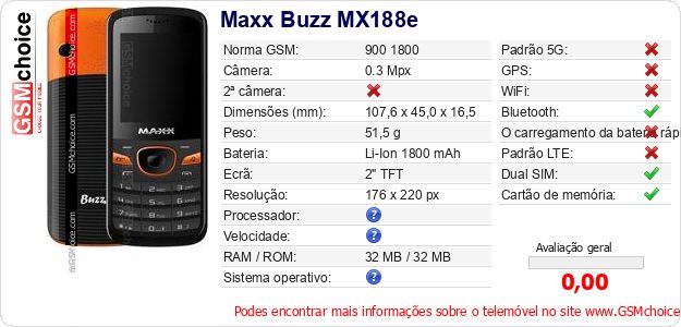 Maxx Buzz MX188e Especificações técnicas do telemóvel 