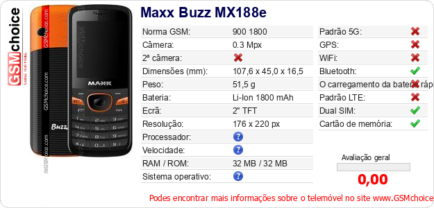 Maxx Buzz MX188e Especificações técnicas do telemóvel Maxx Buzz MX188e Especificações técnicas do telemóvel