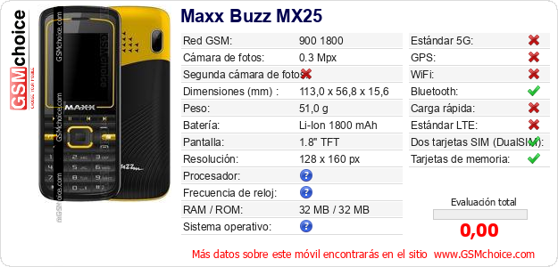 Maxx Buzz MX25 Datos técnicos del móvil 