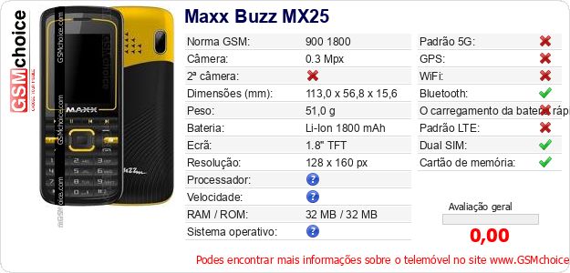 Maxx Buzz MX25 Especificações técnicas do telemóvel Maxx Buzz MX25 Especificações técnicas do telemóvel