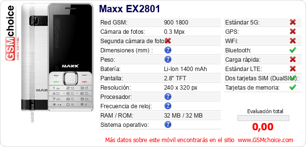 Maxx EX2801 Datos técnicos del móvil Maxx EX2801 Datos técnicos del móvil