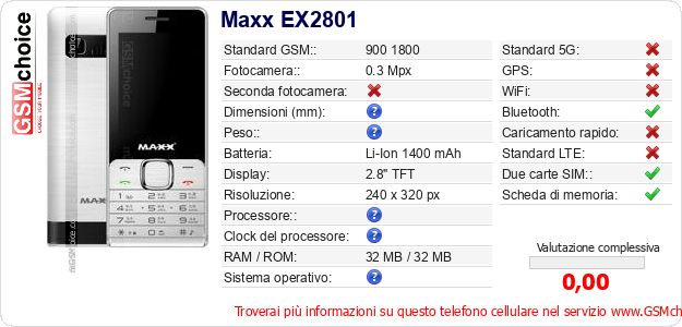 Maxx EX2801 Dati tecnici di telefono cellulare 