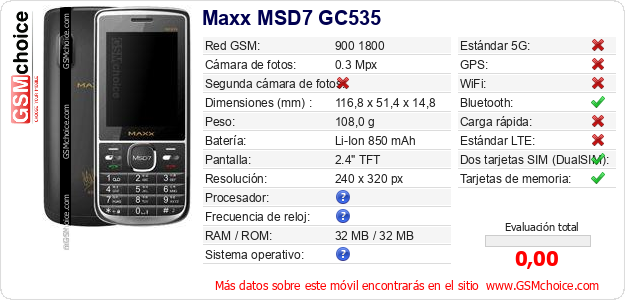 Maxx MSD7 GC535 Datos técnicos del móvil 