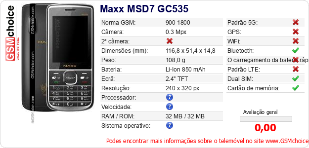 Maxx MSD7 GC535 Especificações técnicas do telemóvel 