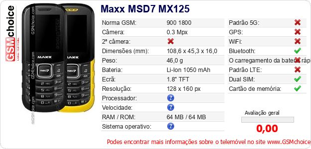 Maxx MSD7 MX125 Especificações técnicas do telemóvel Maxx MSD7 MX125 Especificações técnicas do telemóvel
