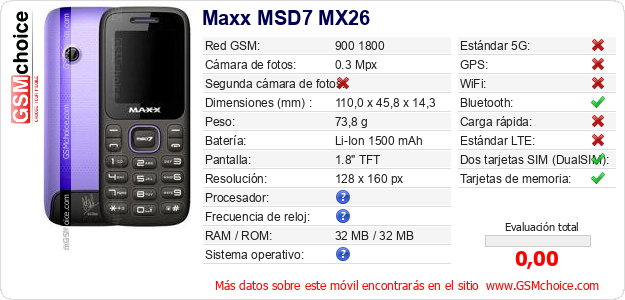 Maxx MSD7 MX26 Datos técnicos del móvil 