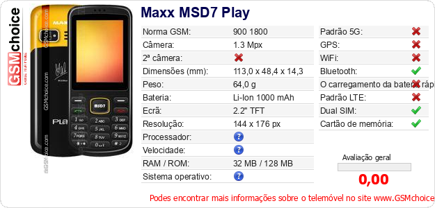 Maxx MSD7 Play Especificações técnicas do telemóvel Maxx MSD7 Play Especificações técnicas do telemóvel
